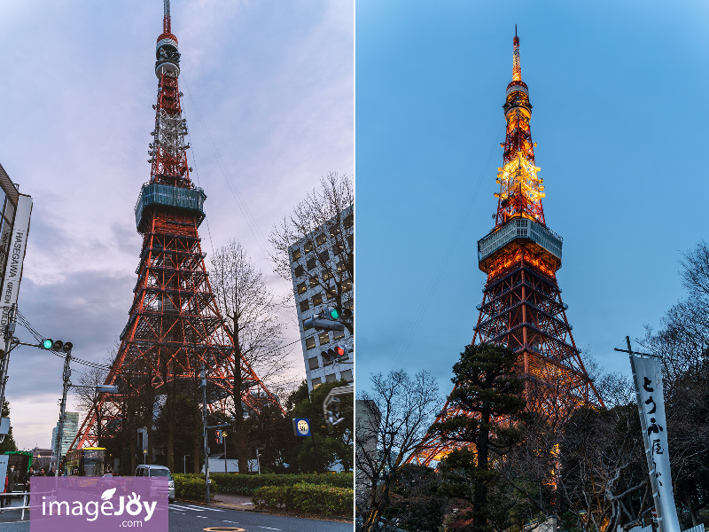東京鐵塔日間與黃昏的比較